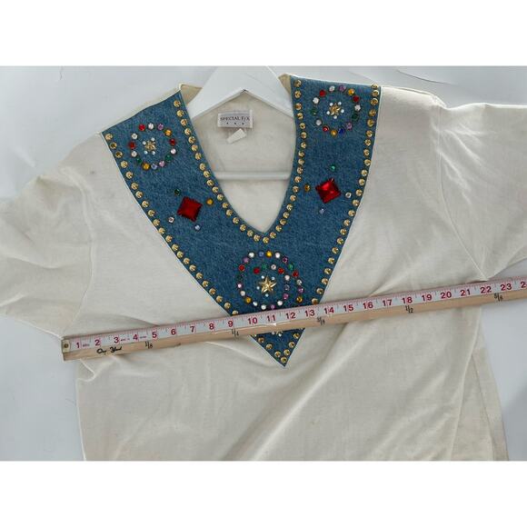 Special F/X Vintage Blouse Womens XL White Denim Beaded Neckline V Neck Studded - Picture 15 of 16
